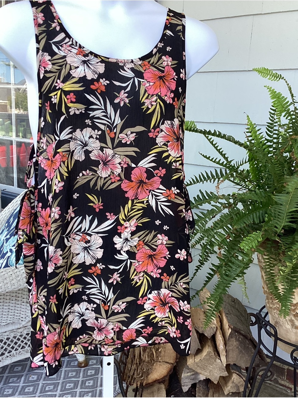 XHilaration Black Swimsuit Coverup with Coral  Pink & White Blooms Size M LNWOT